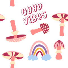 Magic psychedelic drug mushrooms, Chamomile, rainbow seamless pattern. Psychedelic hallucination. 60-70s hippie