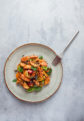 Salad, crispy eggplant in batter, with cherry, sesame seeds, olive oil, homemade, no people,