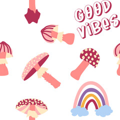 Magic psychedelic drug mushrooms, Chamomile, rainbow seamless pattern. Psychedelic hallucination. 60-70s hippie
