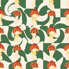 Magic psychedelic drug mushrooms seamless pattern. Psychedelic hallucination. 60-70s hippie colorful art. Vintage psychedelic textile