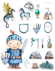 The brave cute little knight and the castle. Adventure collection. Hand drawn watercolor cartoon set for kid greeting card and game