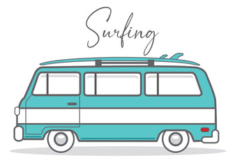 Surfing travel concept vintage caravan illustration