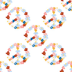 Peace symbol floral retro 70s seamless pattern. Clockwork design in the style of the seventies.