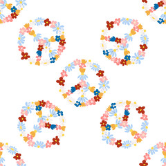 Peace symbol floral retro 70s seamless pattern. Clockwork design in the style of the seventies.