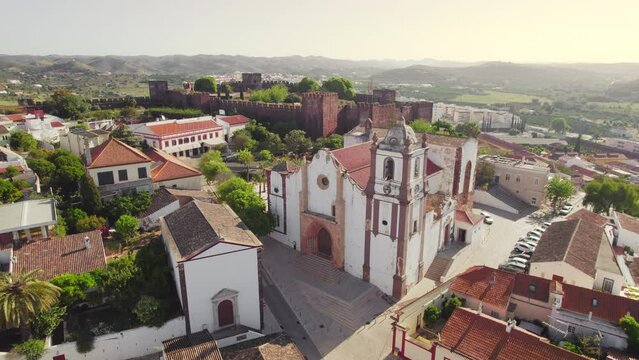 Aerial view of Silves town with famous castle and Cathedral, Algarve, Portugal