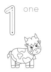 Flashcard number 1. Preschool worksheet. Black and white farm animals.