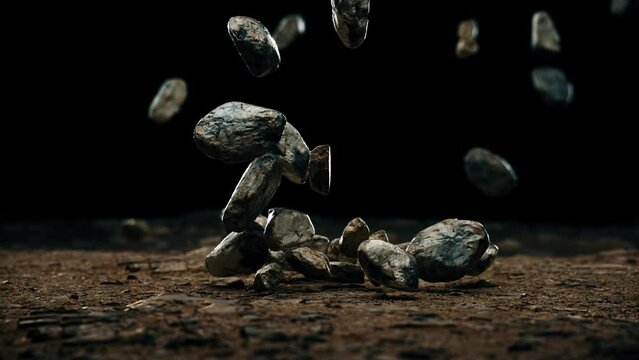 Video. Stone rocks falling to the ground. Slow motion.
