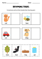Find rhyming pairs. Educational worksheet. Cut and paste.