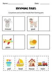 Find rhyming pairs. Educational worksheet. Cut and paste.