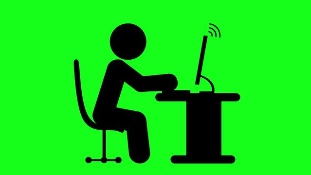 Businessman Work on Computer Character Cartoon Silhouette Animation 2D Isolated on Greenbox Background
