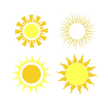 set of suns vector on white background, minimalistic stylized sketch of yellow sun, simple sketch of different suns hand drawn
