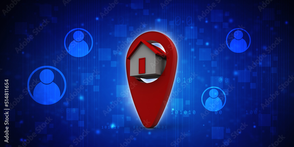 Poster 3d illustration search for property. a map with large red gps pointer containing home