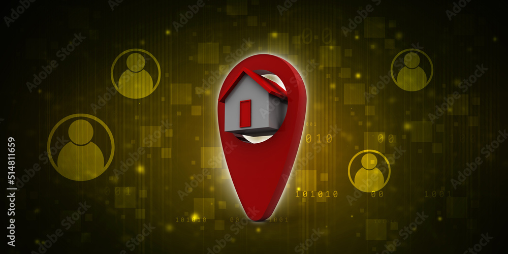 Poster 3d illustration search for property. a map with large red gps pointer containing home