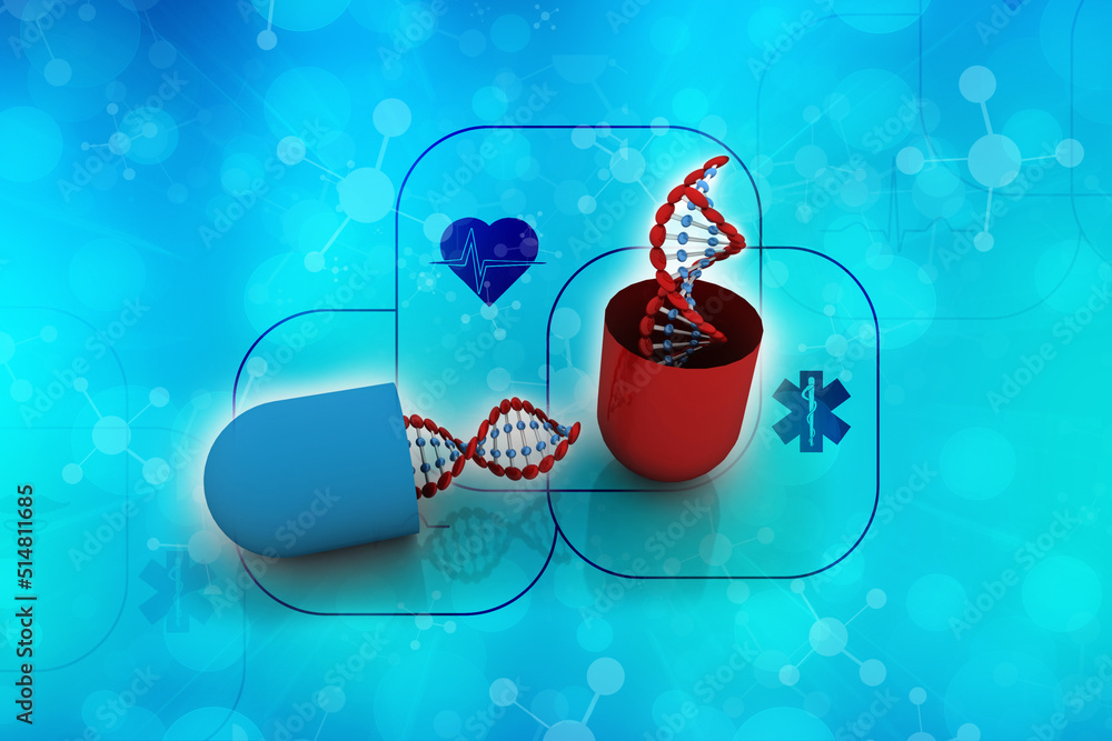 Poster 3d render of dna structure with capsule
