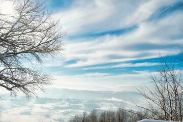 winter landscapes of the Piedmontese Langhe immersed in snow, in the winter of 2022