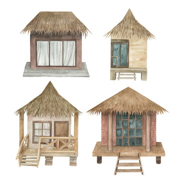 Watercolor  Beach Houses Set. Hand Drawn Isolated Illustration On White Background