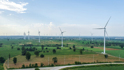 View from drone of Wind turbine farm at mountain,renewable electric power