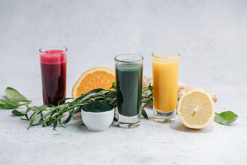 Home made detox drinks from dissolved powder in composition with ingredients