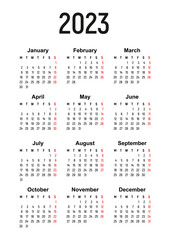 calendar 2023, week starts on Monday, basic business template. vector illustration