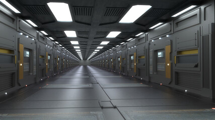 3d render. Futuristic corridor interior design