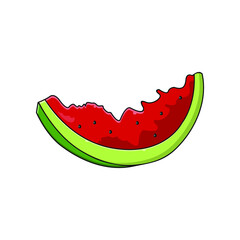 Bitten Slice of Watermelon icon. Vector summer fruits. Half slice of Summer watermelon vector graphic icon for web, logo and other designs. Juicy red watermelon with black seeds.