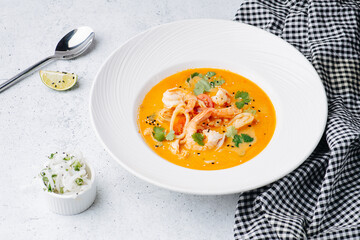 Tom yum soup in a wide edge bowl next to a cup with white noodles and lime slice