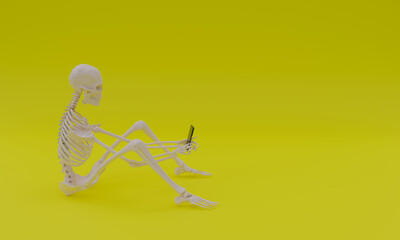 3d illustration, human skeleton with mobile in hand, copy space, 3d rendering