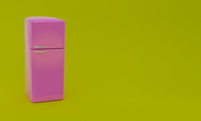 3d illustration, pink refrigerator, green background, copy space, 3d rendering