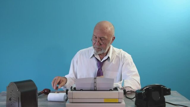 Author journalist at work. Desk with telephone and typewriter. Writer editor. Vintage