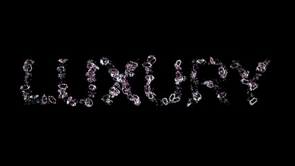 luxury - text made of diamonds, on black backdrop, isolated - object 3D rendering