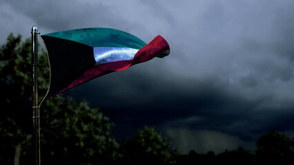 Kuwait flag for any holiday on dark storm cumulus clouds - abstract 3D rendering