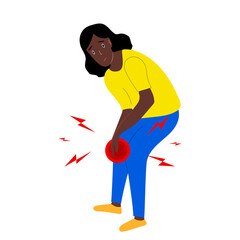 Afro american woman with knee pain symptom in flat design on white background. Female feel tired her legs and knees concept vector illustration.