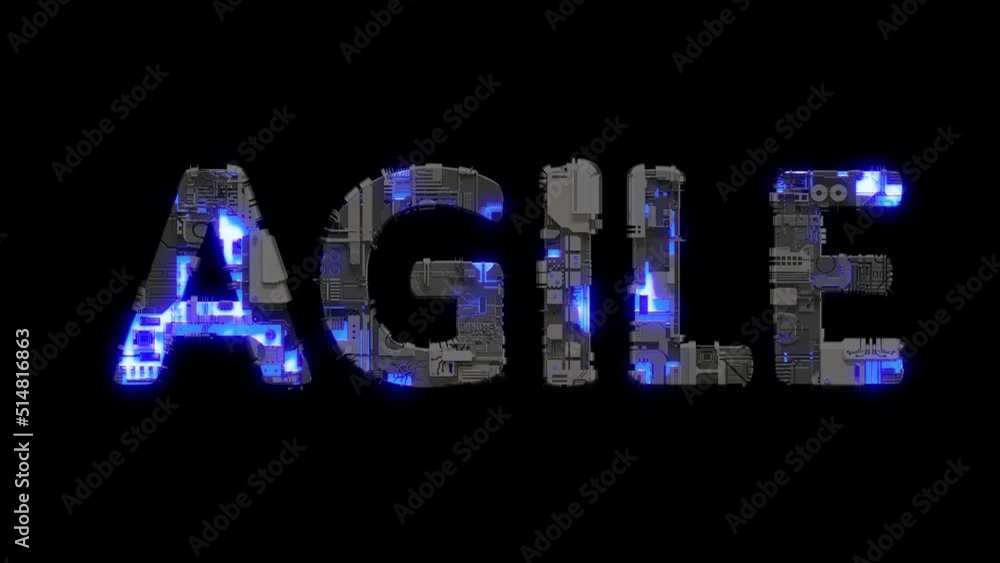 Poster metal scrap cyberpunk text agile with electric light and animated surface, isolated - loop video