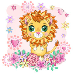 Cartoon lion with expressive eyes. Wild animals, character, childish cute style.