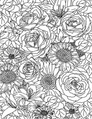 Floral pattern in black and white. Coloring page: very interesting and relaxing work for  adults. Floral carpet.