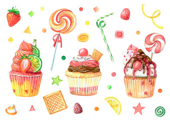 Watercolor hand-drawn set of colorful cupcakes and sweets. Isolated desserts for birthday postcards and decor. Cakes with cream and berries.