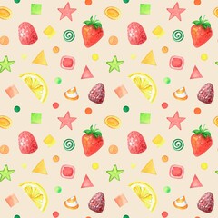 Watercolor seamless bright summer pattern. Marmelade, candies, berries, fruits, stars for fabrics and packs.