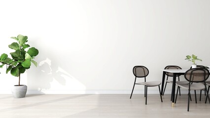 Wall mockup of a dining room with an ornamental potted plant and table decoration. 3d rendering, interior design, 3d illustration