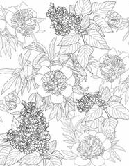 Floral pattern in black and white. Coloring page: very interesting and relaxing work for adults. Floral carpet.