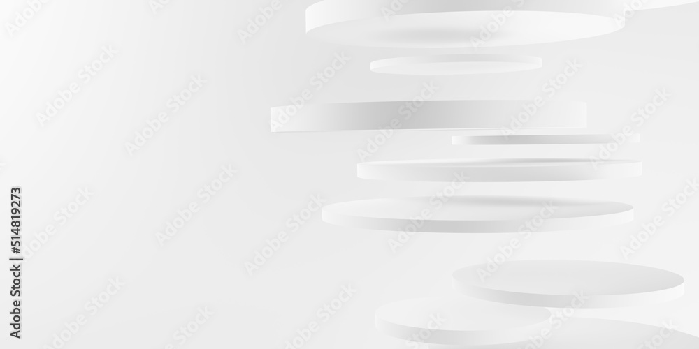 Poster stack of floating and randomly offset white cylinder circle segments over white background, minimal 
