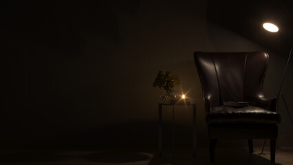 Concept empty dark room with reading chair 3d Rendering