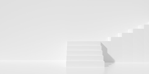 Corner stairway or steps going up around corner on white wall background, business achievement or career goal concept