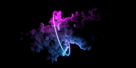 Fototapeta na wymiar Abstract blue and pink neon glowing ring or torus shape with smoke cloud