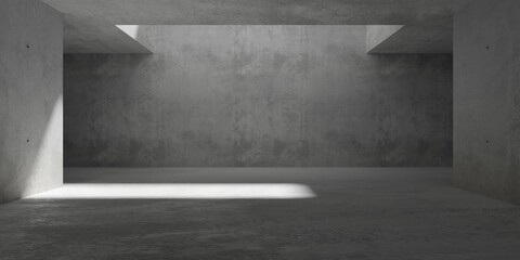 Abstract empty, modern concrete room with rectangular opening in the back ceiling and rough floor - industrial interior background template