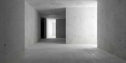 Abstract empty, modern concrete building corridor with multiple rooms and rough floor - liminal industrial interior background template