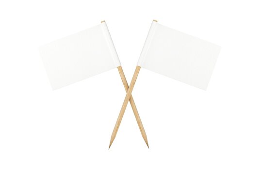 Two Crossed Rectangle Shaped Toothpick Paper Flags With Wooden Pole Isolated On White Background With Copy Space And Room For Text, White Paper Flag Template Cut-out