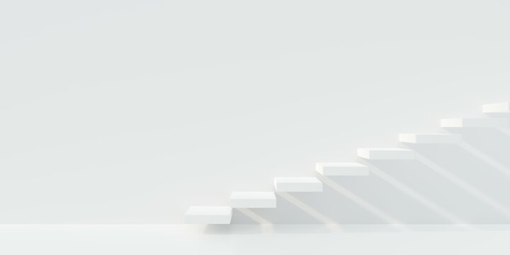 White stairs or steps going up on white wall background, business achievement or career goal concept