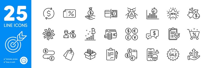 Outline icons set. Discount banner, Bitcoin graph and Software bug icons. Sallary, Payment methods, Cyber attack web elements. Loan percent, Sale tags, Money box signs. Clipboard. Vector