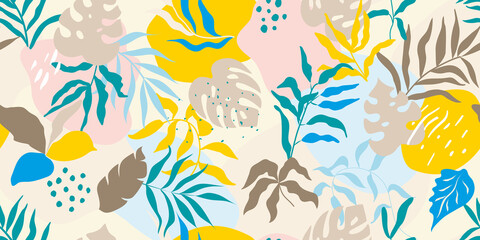Modern seamless pattern with exotic leaves.Abstract background with tropical plants for paper, wallpaper, cover, fabric and other users. Vector illustration