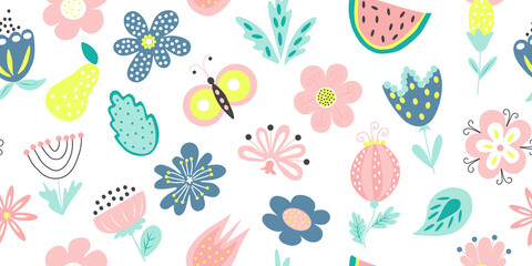 Seamless summer pattern.Modern abstract background with cute flowers,butterfly,leaves and watermelon. Vector illustration for paper, wallpaper, cover, fabric and other uses.